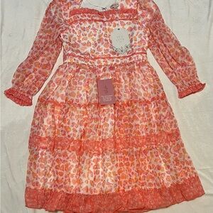 Girls' Coral Pink leopard Print Tiered Dress